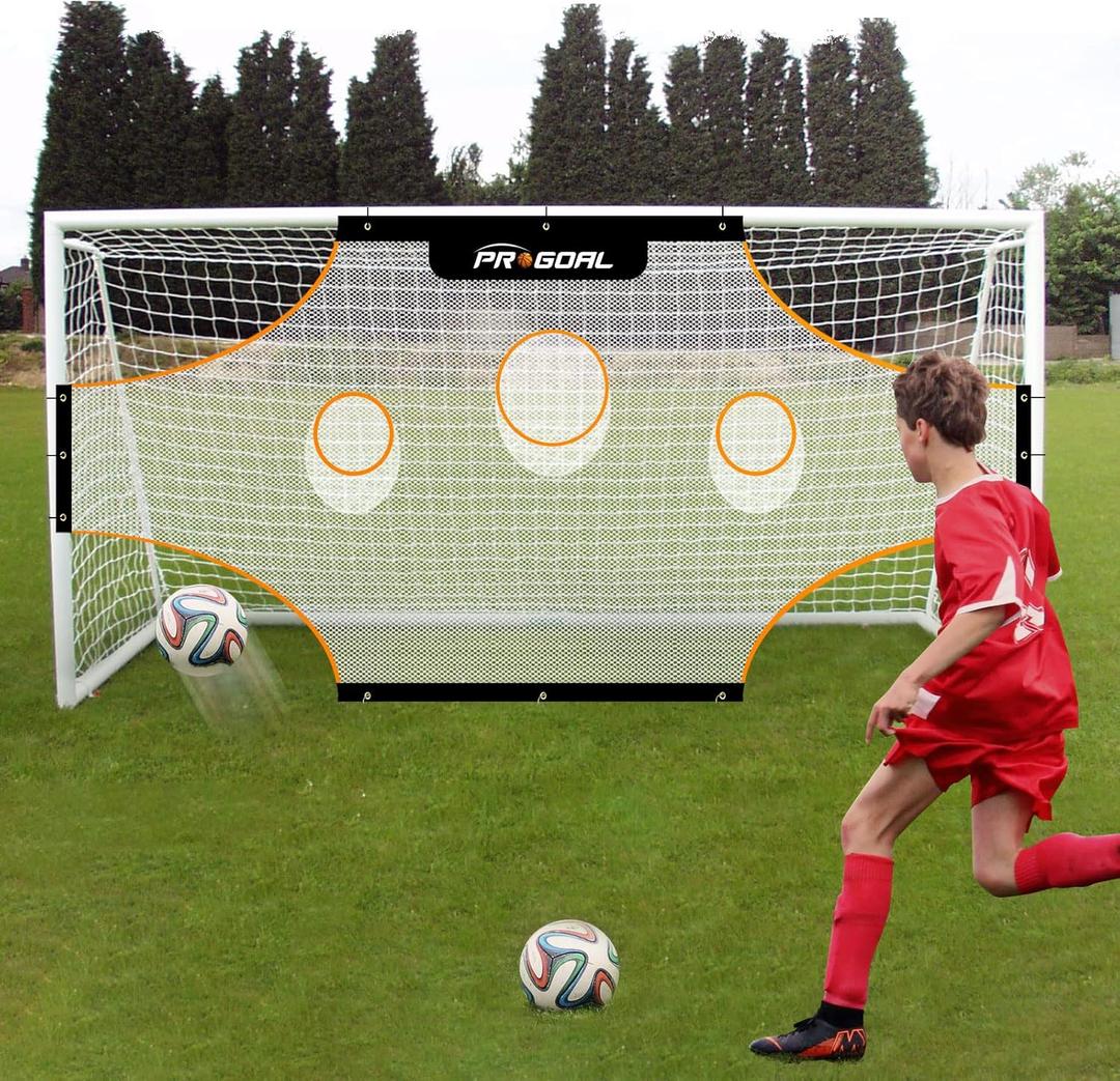 PROGOAL Soccer Goal Target Training Nets - 24x8FT/17x6.6FT/11x6FT Soccer Training Aide with 7 Highlighted Orange Scoring Zones,Portable Training Equipment with Carrying Bag & Bungee Cord (FOR FUTSAL)