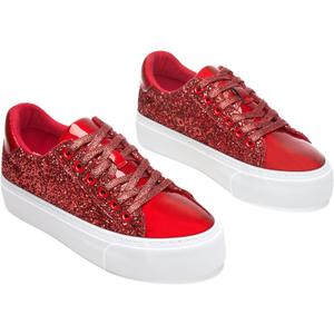 AISFAES Women Glitter Platform Sneakers Sparkly Lace-Up Chunky Sneakers Fashion Low-Top Tennis Shoes Comfortable Metallic Sequin Walking Shoes, 7, Red Glitter