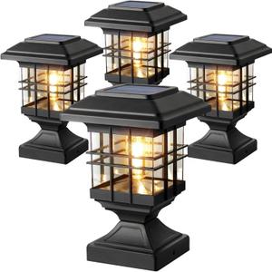 Solar Post Lights Outdoor Solar Cap Lights Deck Fence Cap for 4x4 5x5 6x6 Posts Patio Garden Courtyard Bright Decoration Fixture Waterproof Warm White Lighting Black (4Pack)