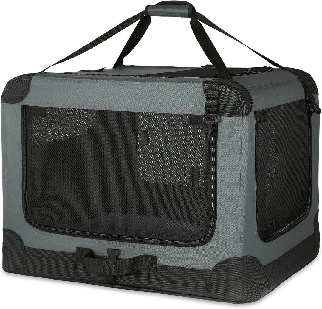 Amazon Basics 4-Door Portable Folding Soft Dog Crate, Collapsible Travel Kennel for Cat, Dog, and Small Animals, Pop Up with Fleece Mat, Water-Resistant Base, Grey, 36" x 24" x 24"