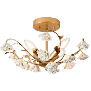 Flush Mount Ceiling Light Fixture, Vintage Ceramic Flowers Ceiling Light Fixture, Gold Ceiling Lighting, Hallway Lighting Fixtures Ceiling C2801-4