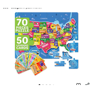 QUOKKA United States Puzzles for Kids Ages 4-6 - 70 Pcs Floor Puzzles for Kids Ages 6-8 Preschool Activities - Includes 50 Cards with 400+ USA Facts- State-Shaped Jigsaw Puzzle Gift for Girls Boys