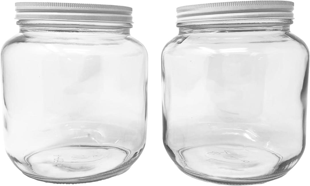2 Pack of 64oz Glass Half Gallon Round Clear Jar with White Metal Lid for Storage and Organization