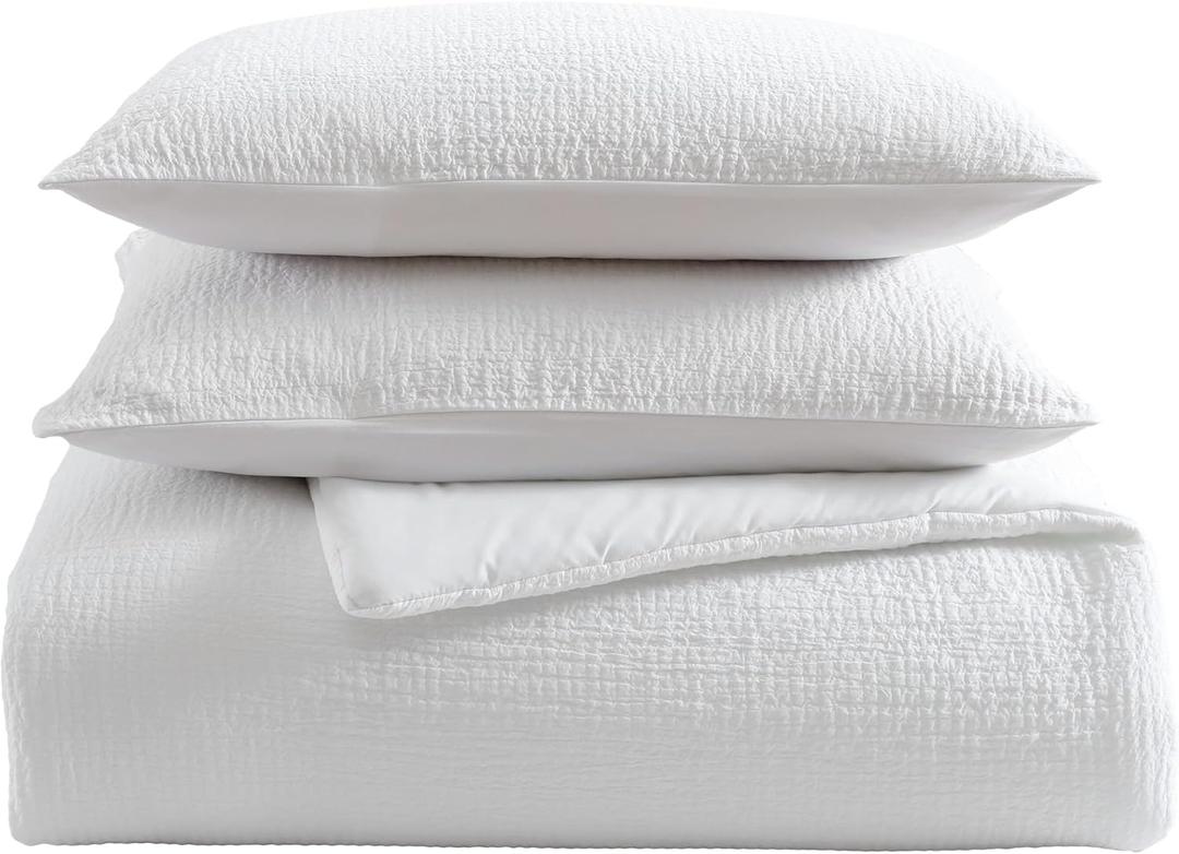 Vera Wang - King Comforter Set, Premium Cotton Bedding Set with Matching Shams, Chic Room Essentials, Oeko-Tex Certified (Puckered Texture White, King)