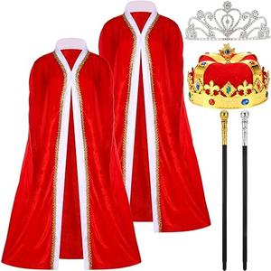 6 Pcs Lord Queen Costume Set Red Emperor and Queen Cape Robe Crown Scepter Medieval Adult Cosplay Costume Set