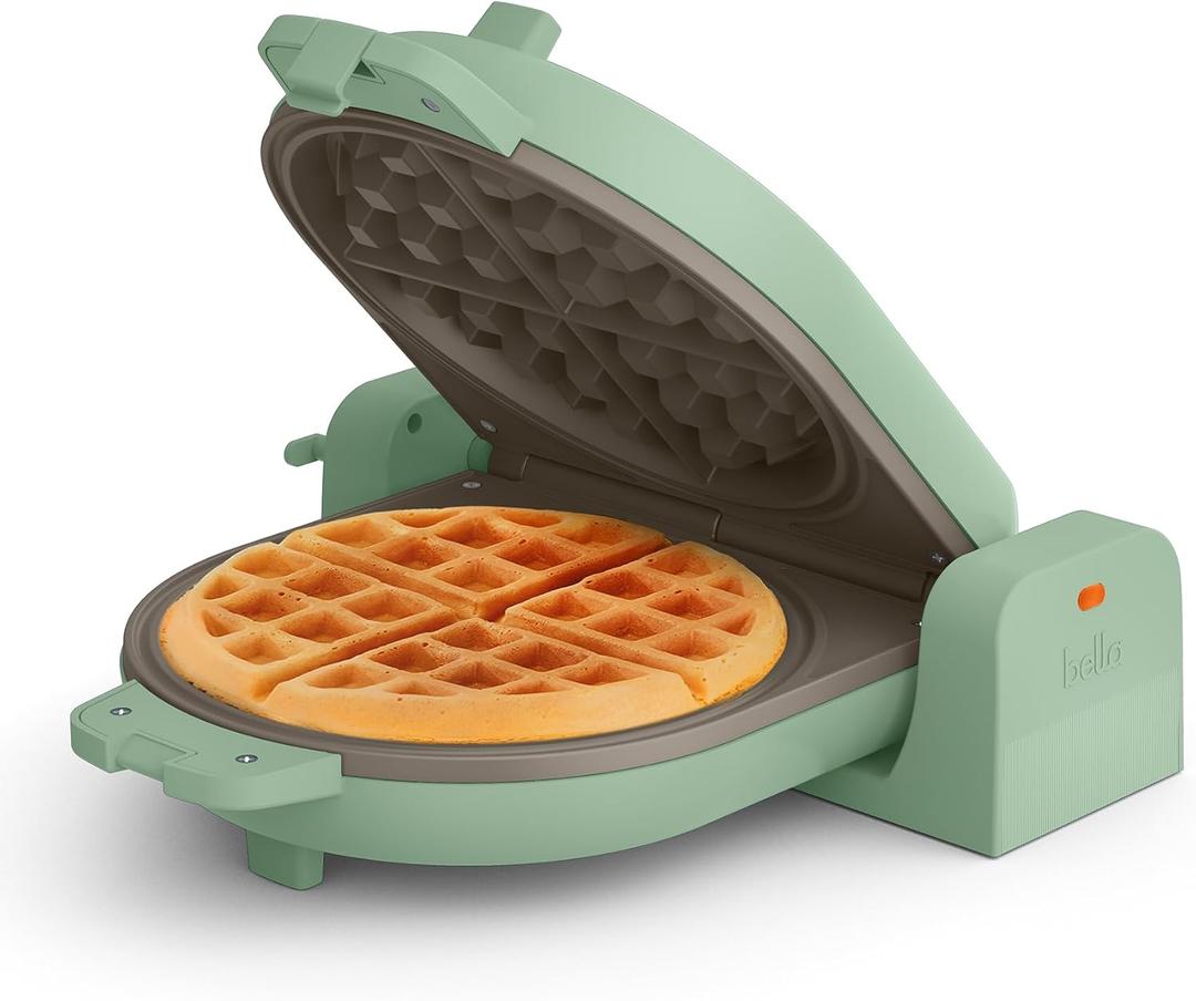 bella Flip-n-Store Waffle Maker with EverGood Ceramic Nonstick Coating, Fits-anywhere Kitchenware, Power Indicator Light, Cool Touch Handle & Cord Wrap, 7 Wide & 1" Deep Plates, 1000 Watt, Seaglass