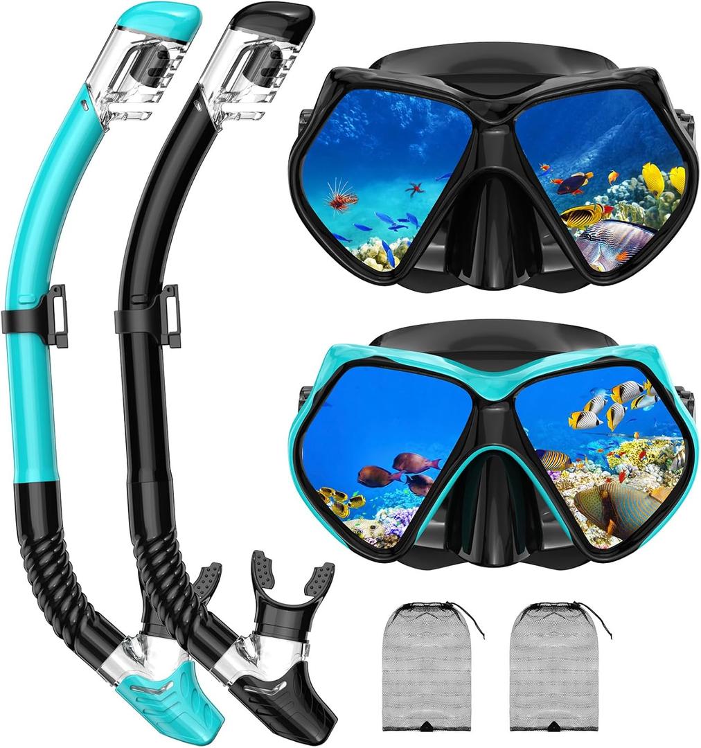 Snorkeling Gear for Adults, Snorkel Set Scuba Diving mask Dry-Top, Adult Swimming Goggles w/Nose Cover, HD Tempered Glass Panoramic Anti-Leak Anti-Fog, Travel Snorkeling Packages (Black+Green)