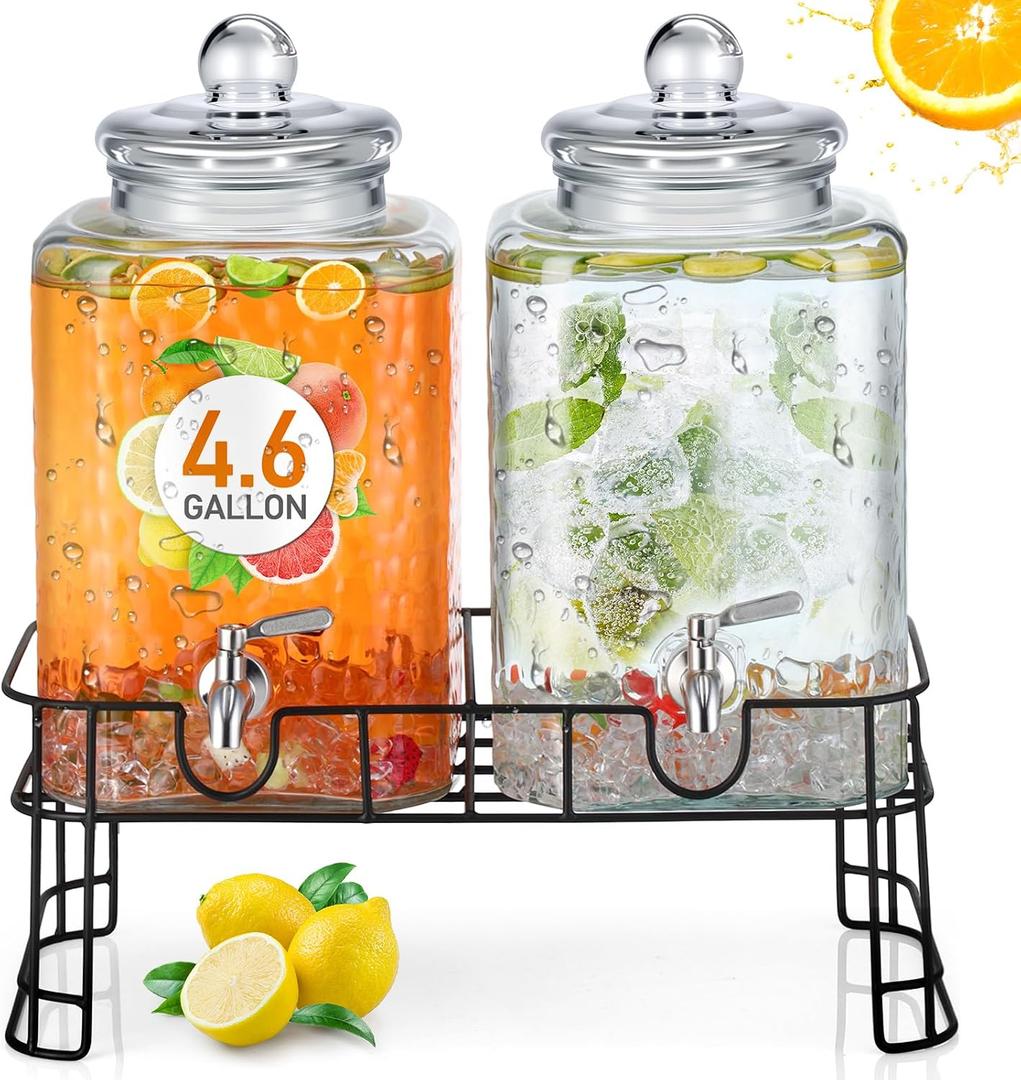 Honeydak 4.6 Gallon Glass Beverage Dispenser with Stand Stainless Steel Spigot Glass Lid Clear Iced Juice Container Leakproof Drink Dispenser Countertop Lemonade Water Jar for Wedding Party (2 Pack)