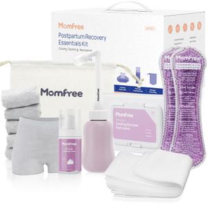 Postpartum Essentials Recovery Kit: Labor Delivery Post Partum 7 Pack Recovery Mom Care Set  Upside Down Peri Bottle | XL Disposable Underwear | Soothing Pads | Perineal Healing Foam | Canvas Bag