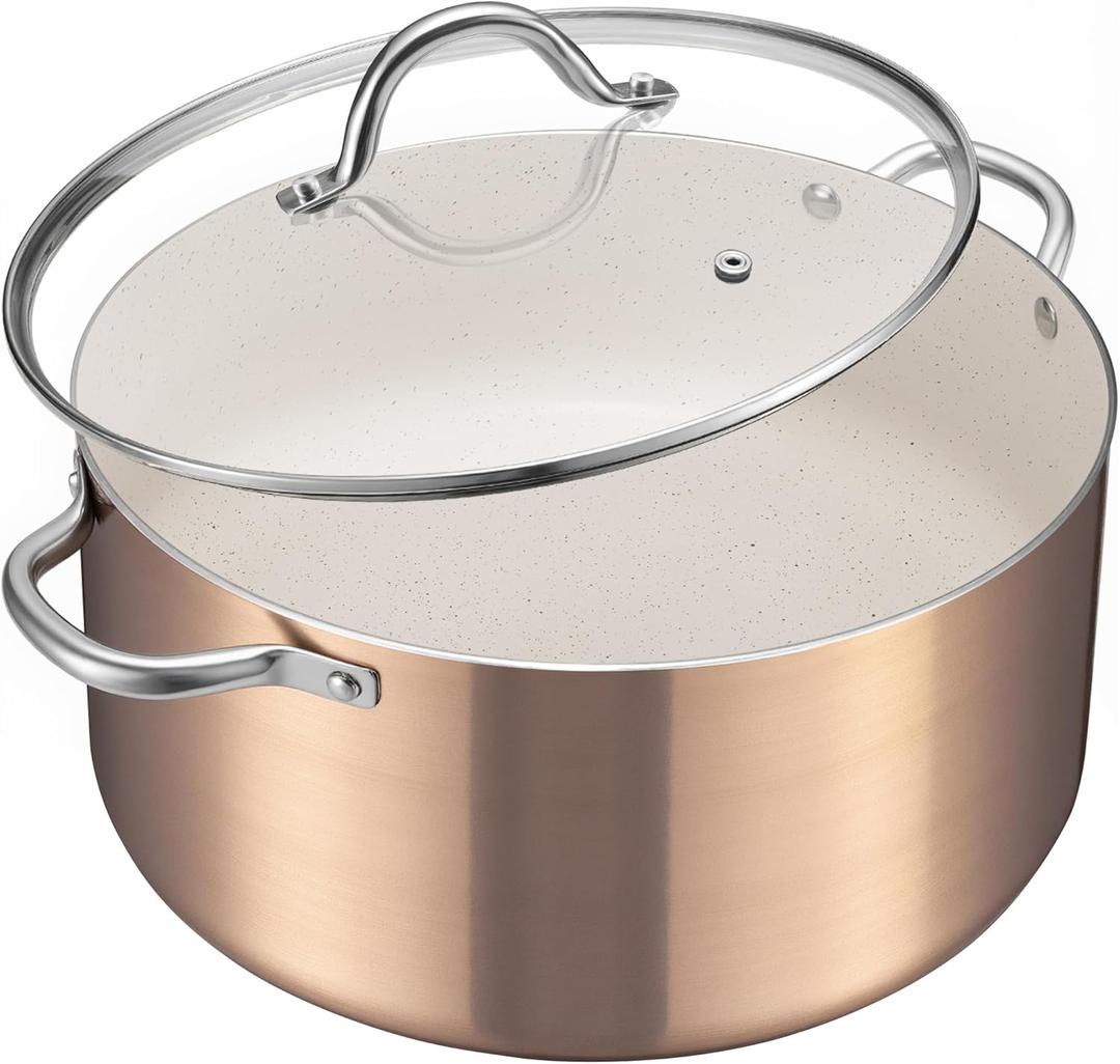 BEZIA 8 Quart Nonstick Stock Pot with Lid, Induction Cooking Pot, Soup Pot for All Stovetops, Non-toxic and Oven Safe, PFOA PFAS Free, Golden (8qt/10.2in)