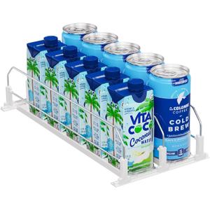 Puricon Drink Organizer for Fridge Pusher Glide, Spring Loaded Fridge Drink Dispenser, Self Pushing Soda Can Organizer for Refrigerator, Beer Bottle Beverage Organizer Drink Holder -2 Rows, White (14.9"D x 6.69"W 2 Rows)