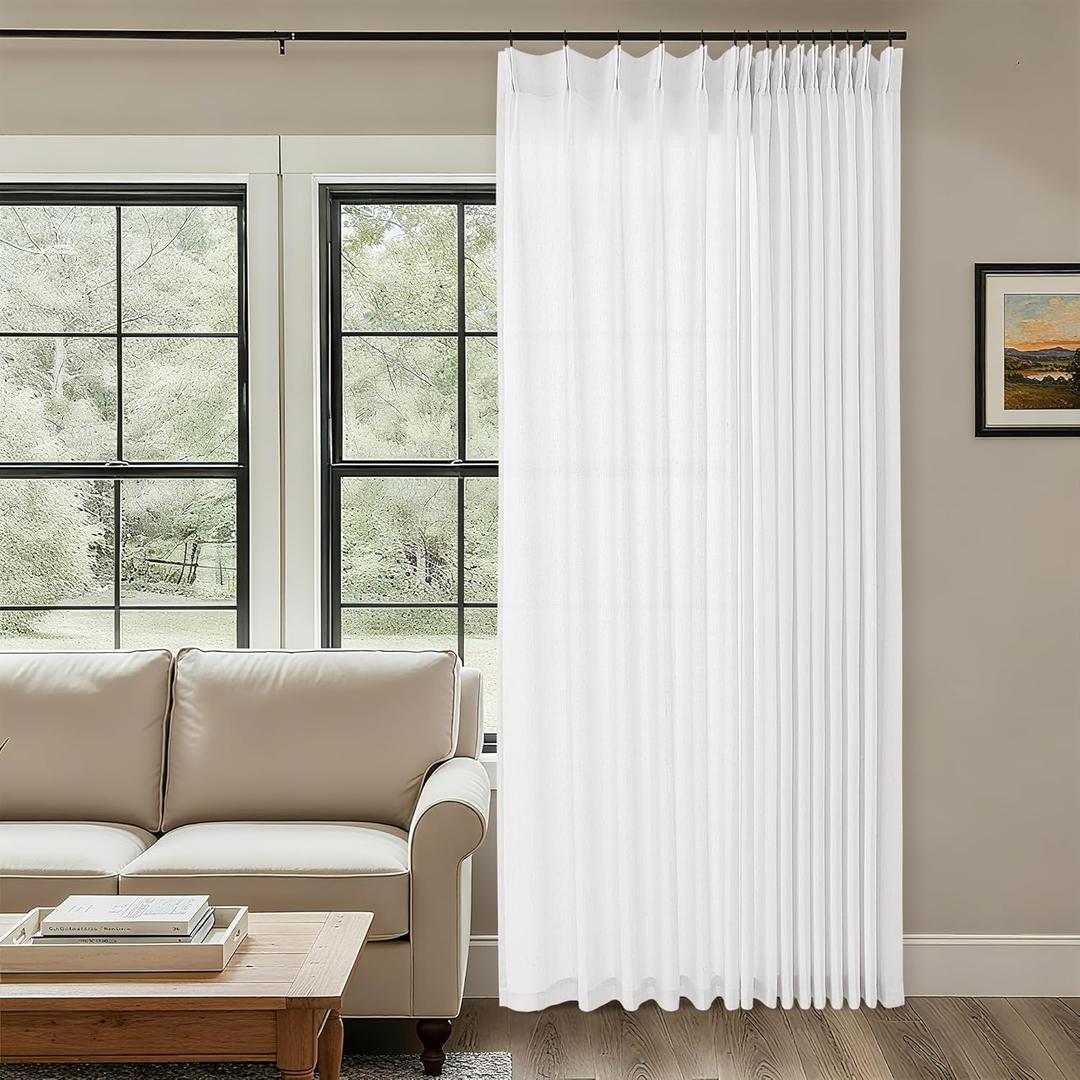 White Extra Wide Pinch Pleated 100 x 108 Inch Linen Curtains for Living Room Light Filtering Semi Sheer Pleat Drape with Hooks Rings Back Tab for Patio Glass Sliding Door Window Curtain 108 Inch Long