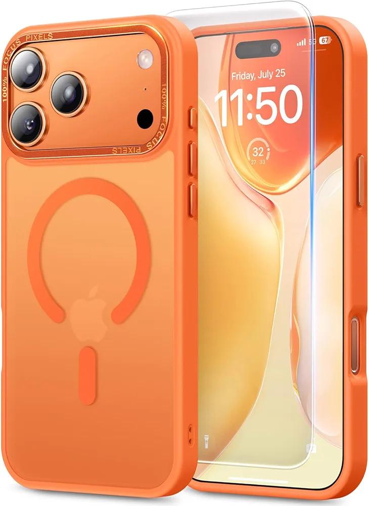 Magnetic for iPhone 17 Pro Max Case with Screen Protector & Wrist Strap, Fit for MagSafe,Military-Grade Protective Drop, Shockproof Matte Translucent Slim Cute for iPhone 17 ProMax Case, Glossy Orange