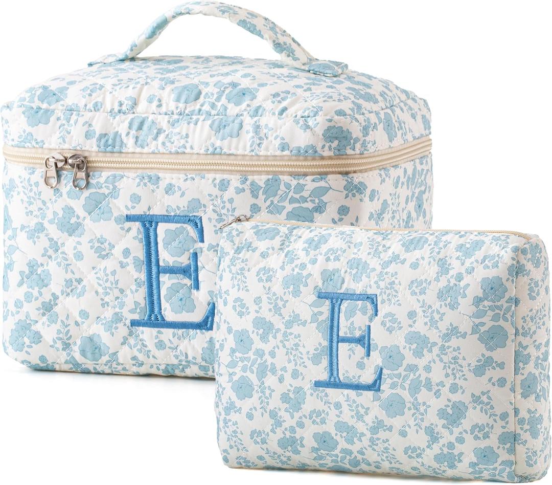 HBselect 2pcs Initial Quilted Cotton Large Travel Cute Floral Coquette Makeup Cosmetic Toiletry Bag for Women Girls, Style E