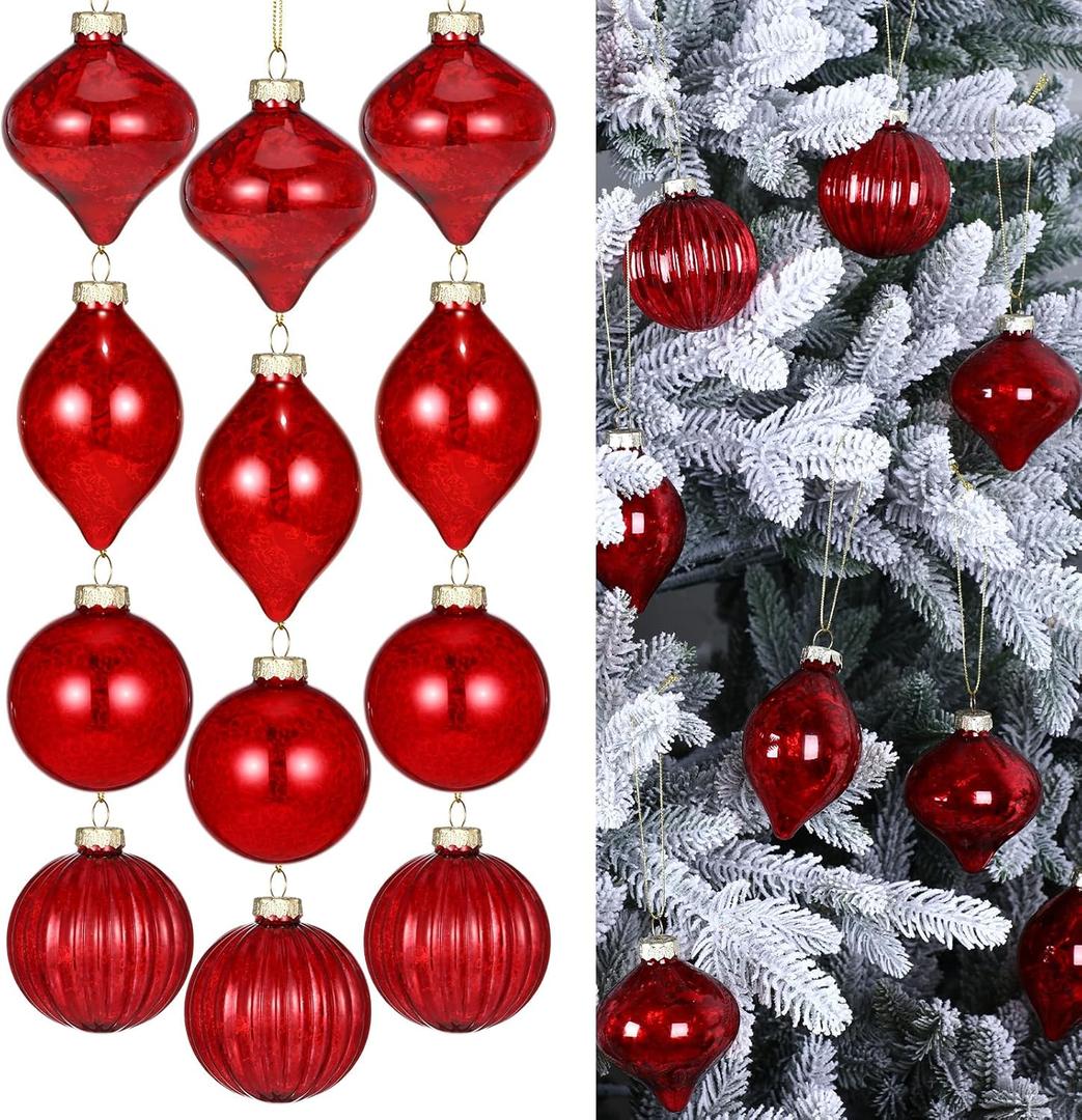 12 Pcs Mercury Glass Christmas Ornaments 2.36"3.15" Christmas Ball Ornaments Assorted Mercury Hanging Decor for Xmas Tree Decoration (Red)