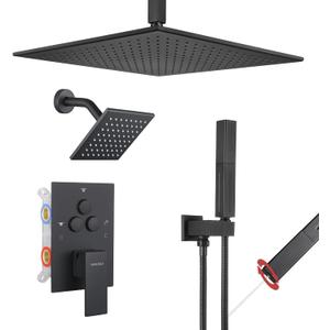 VANFOXLE Shower Faucet Set Matte Black Shower System,Push Button Diverter Shower Faucet with 2 in 1 Handheld,Ceiling Mount Increased Thickness 12 Inch Shower Head with 6 Inch Wall Mount Shower Head