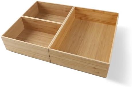 BAMOTTO 3-Piece Large Bamboo Storage Box Set, 3.1-Inch High Stackable Deep-Drawer Organizer for Kitchen Cutlery, Cookware, Utensils & Knives, Exquisite and Durable Lidless Bin for Homes and Offices