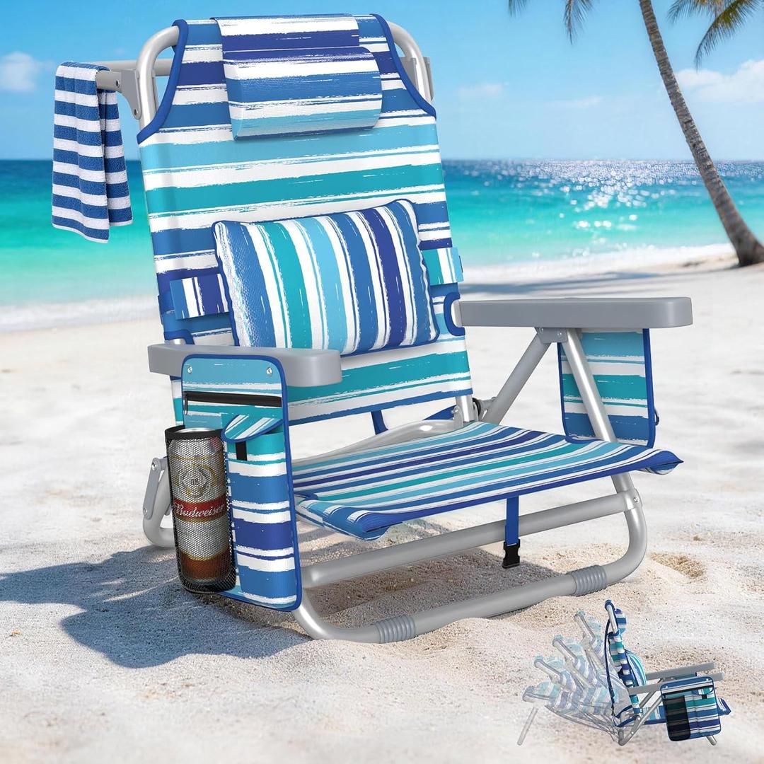 5-Position Backpack Beach Chair for Adults with Lumbar, Foldable Tall Heavy-Duty Beach Chairs with Cooler Bag,Cup Holder,Towel Rack for Beach, Camping, Outdoor (1, Blue&White)
