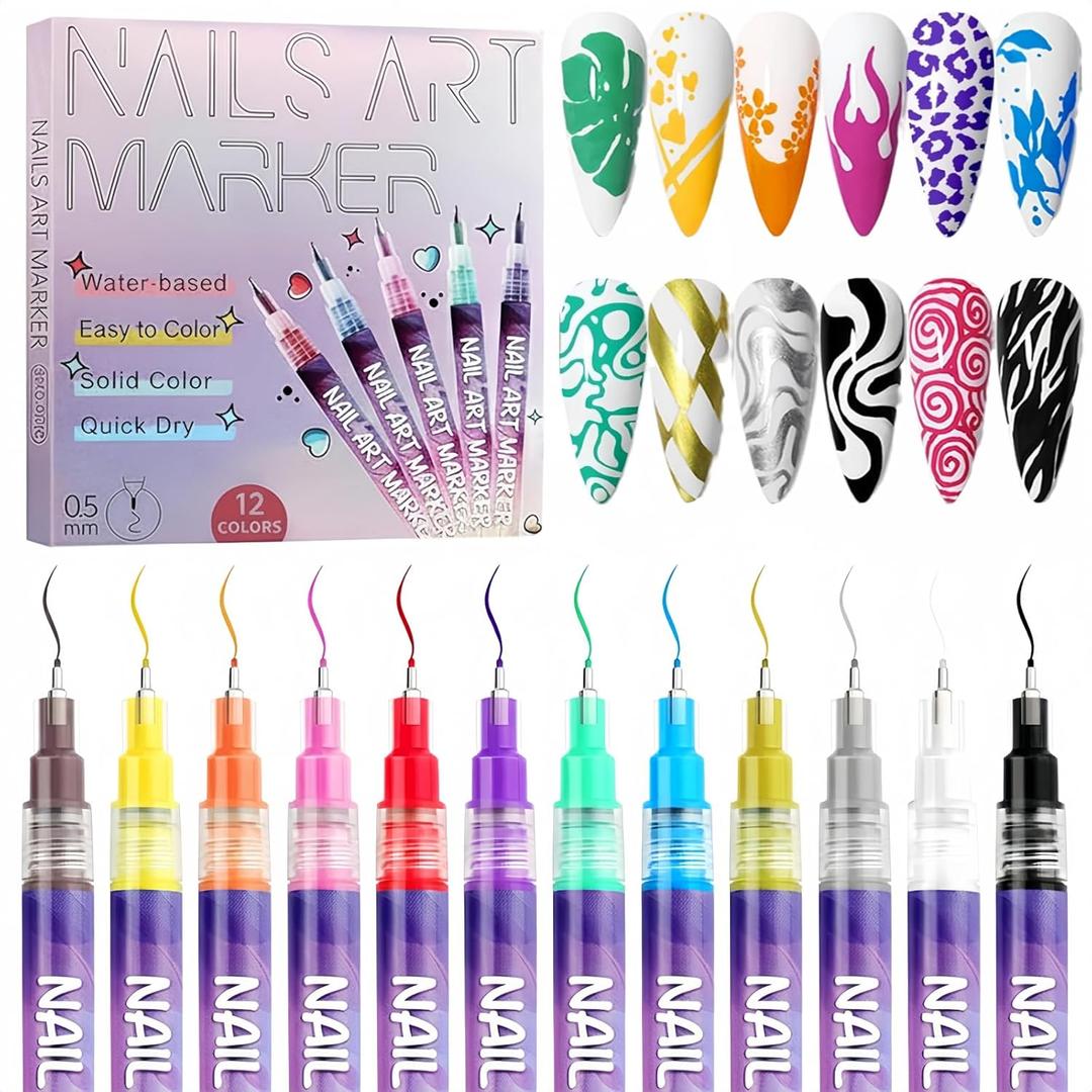 Nail Art Pens 12 Colors - 3D Quick-Dry Nail Art Markers for Kids, Girls, Drawing Painting Liner Brush for Painting, Drawing, Lines & Designs, Gifts for Women Girls