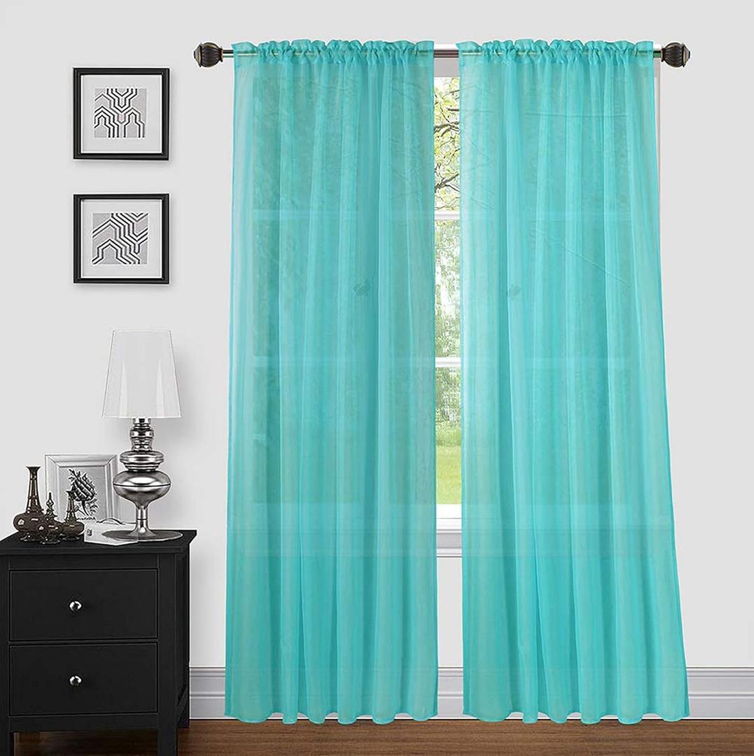 Sapphire Home Turquoise Sheer Curtains - 84 Inches Length, 2 Panels Set Sheer Drapes, Light Filtering Textured Window Curtain for Living Room, Bedroom, Kitchen, and Dining Room - 54"x84", Turquoise