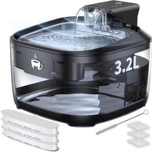 Wireless Cat Fountain, Stainless Steel 108oz/3.2L Battery Operated with 5000mAh Battery, 3 Modes, Motion Sensor Pet Water Fountain for Cats, 3 Filters