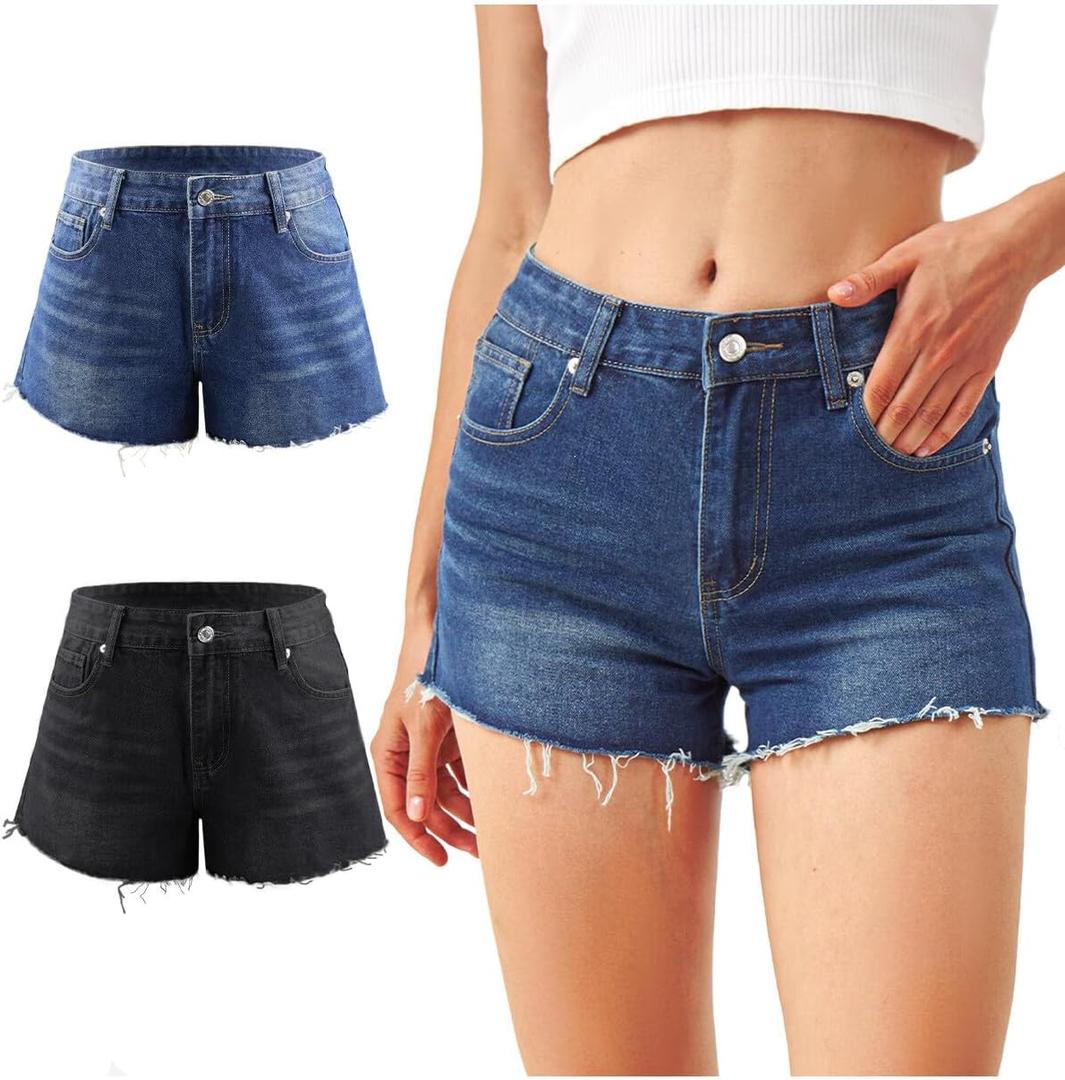 Liloak Womens Pack of Washed Denim Jean Shorts Mid Rise Casual Ripped Frayed Hem Summer Hot Shorts Pack (Blue, L)