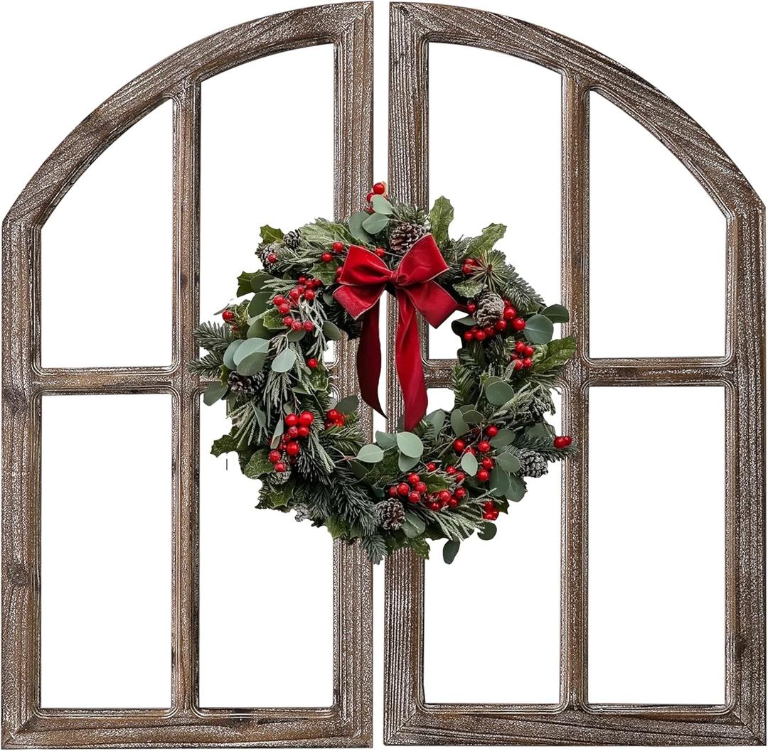 Sintosin Farmhouse Window Frame Wall Decor 30 Inch, Set of 2 Washed White and Burning Finish Wooden Arched Window Pane, Rustic Cathedral Wall Decor for Living Room Entryway Indoor
