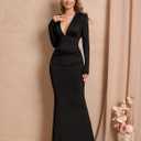 Long Sleeve Maxi Dress Deep V Neck Ruched Bodycon Elegant Semi Formal Wedding Guest Dresses for Women 2025 (Black, S)