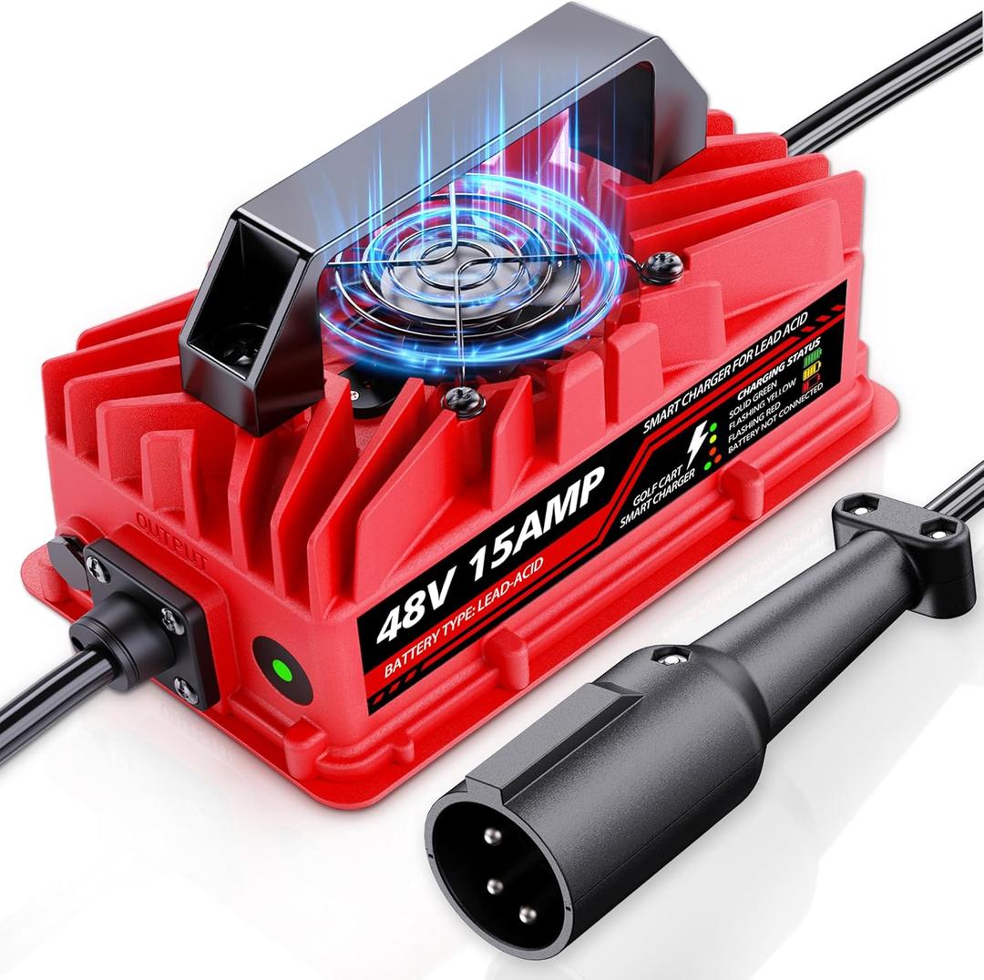 15 Amp 48 Volt Golf Cart Battery Charger for Club Car Precedent & DS - 3-Pin Round Plug, Smart Charger for Lead-Acid Batteries, IP67 Waterproof, Multi-Protection, Unique Design (Red)