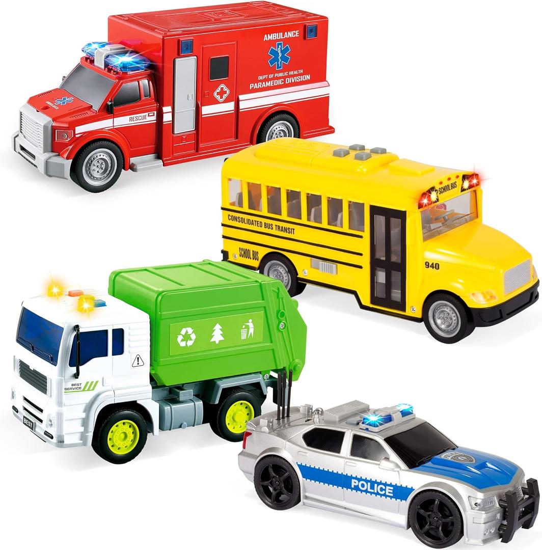 JOYIN 4 Pcs 7" Long Vehicle Toy Set, Toddlers Cars with Lights and Siren Sound, Including Play Police Car, School Bus, Garbage Truck, Ambulance, Birthday Party Gifts Toys for Boys 3-5