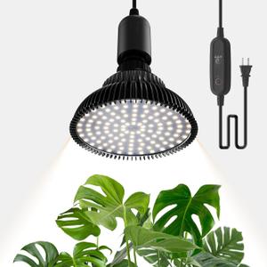 Hanging Grow Lights for Indoor Plants, 25W 5000K, LED Hanging Grow Light Bulbs with Timer, Height Adjustable Hanging Plant Light, Full Spectrum Pendant Grow Light for Seed Starting, Black