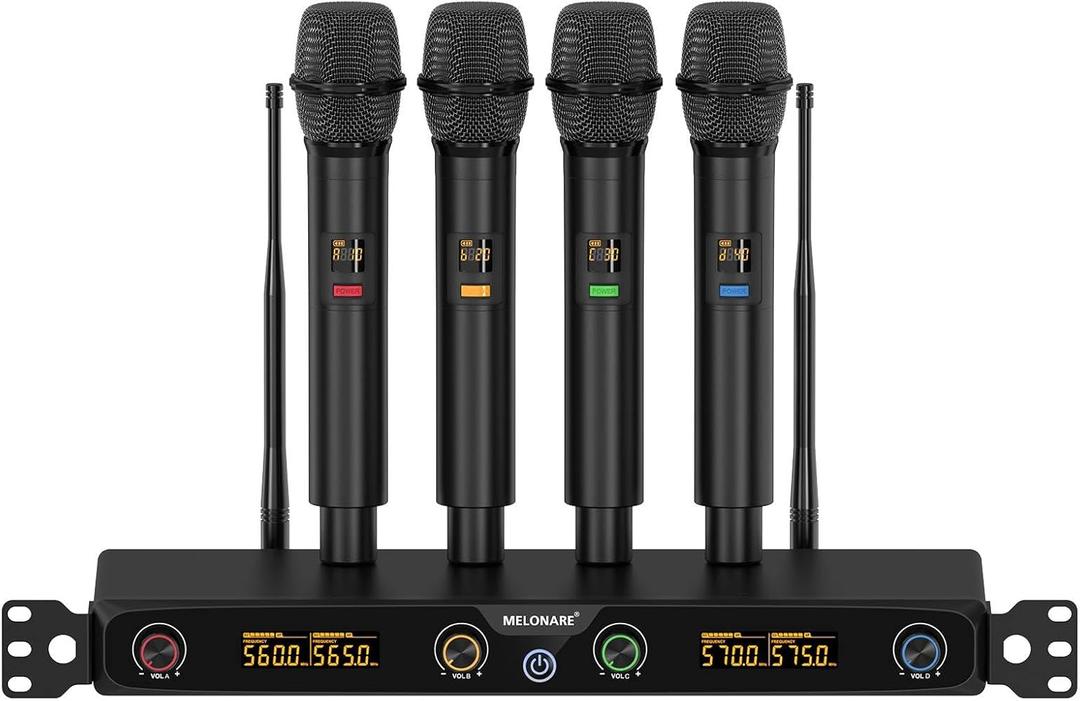 MELONARE 4-Channel Wireless Microphone System, UHF Rackmountable Cordless Mic Set w/ 4X 10 Frequencies, 260ft Range, Dynamic Handheld Microphone for Singing, Karaoke, Church, DJ, Party (MWM-41F)