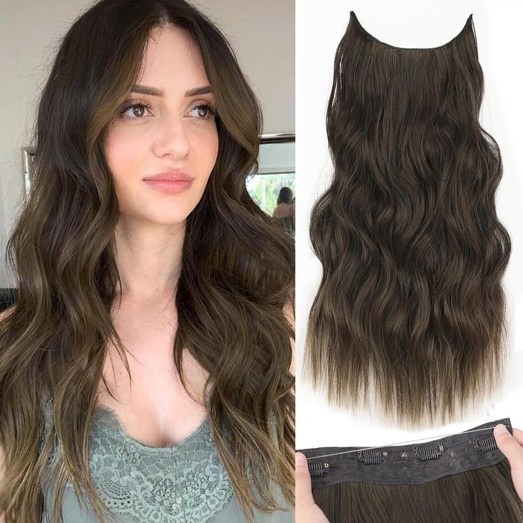 KooKaStyle Invisible Wire Hair Extensions with Transparent Headband Adjustable Size 4 Secure Clips Long Wavy Secret Wire Hairpiece 16 Inch Dark Walnut Brown for Women