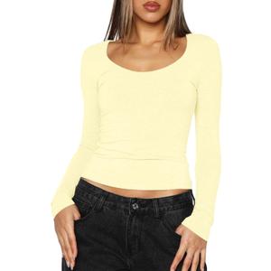 BAIGRAM Women Basic Long Sleeve Scoop Neck Crop Tops Y2K Tight Slim Clean Fit Workout Tshirt Fall Trendy Going Out Gym Shirt Cream Yellow (L)