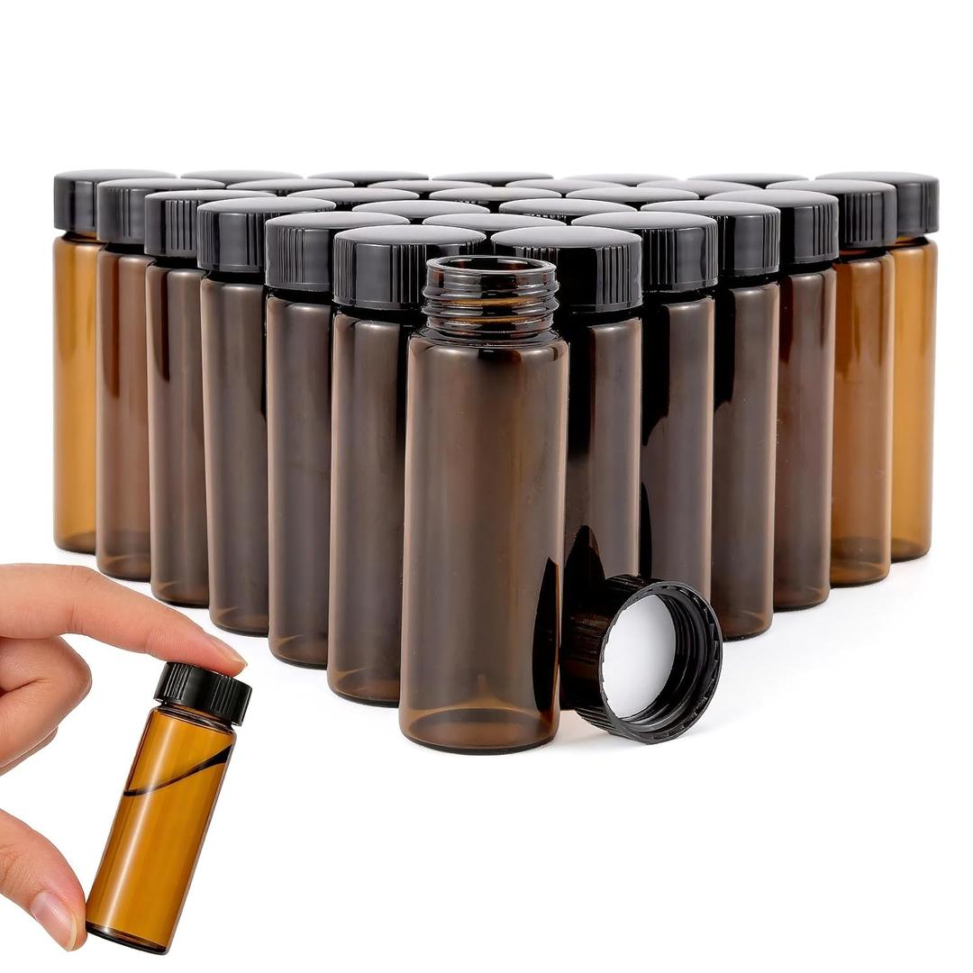 28Pcs 30ml(1oz) Amber Glass Vials with Lids Lab Sample Vials Empty Refillable Portable Glass Bottles with Screw Caps for Essential Oils Liquid Samples DIY Craft Travel Use