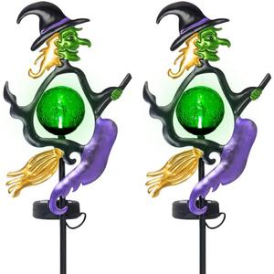 Viveta Solar Halloween Lights, Witch Halloween Decorations Solar Stake Lights with Crackle Glass Ball for Outdoor Pathway Garden Yard Patio, 2 Pack