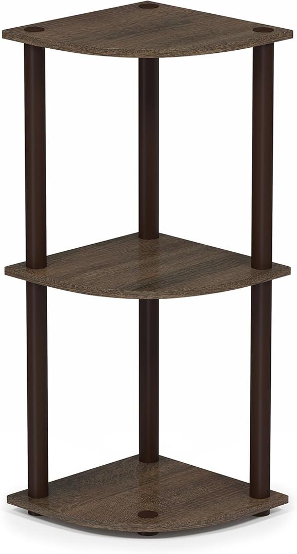Furinno TURN-N-TUBE Corner Shelf, 3-Tier Corner Bookshelf, Display Storage Shelves with Open Shelves, for Organization and Storage, Living Room, Home Office, Garage, Walnut