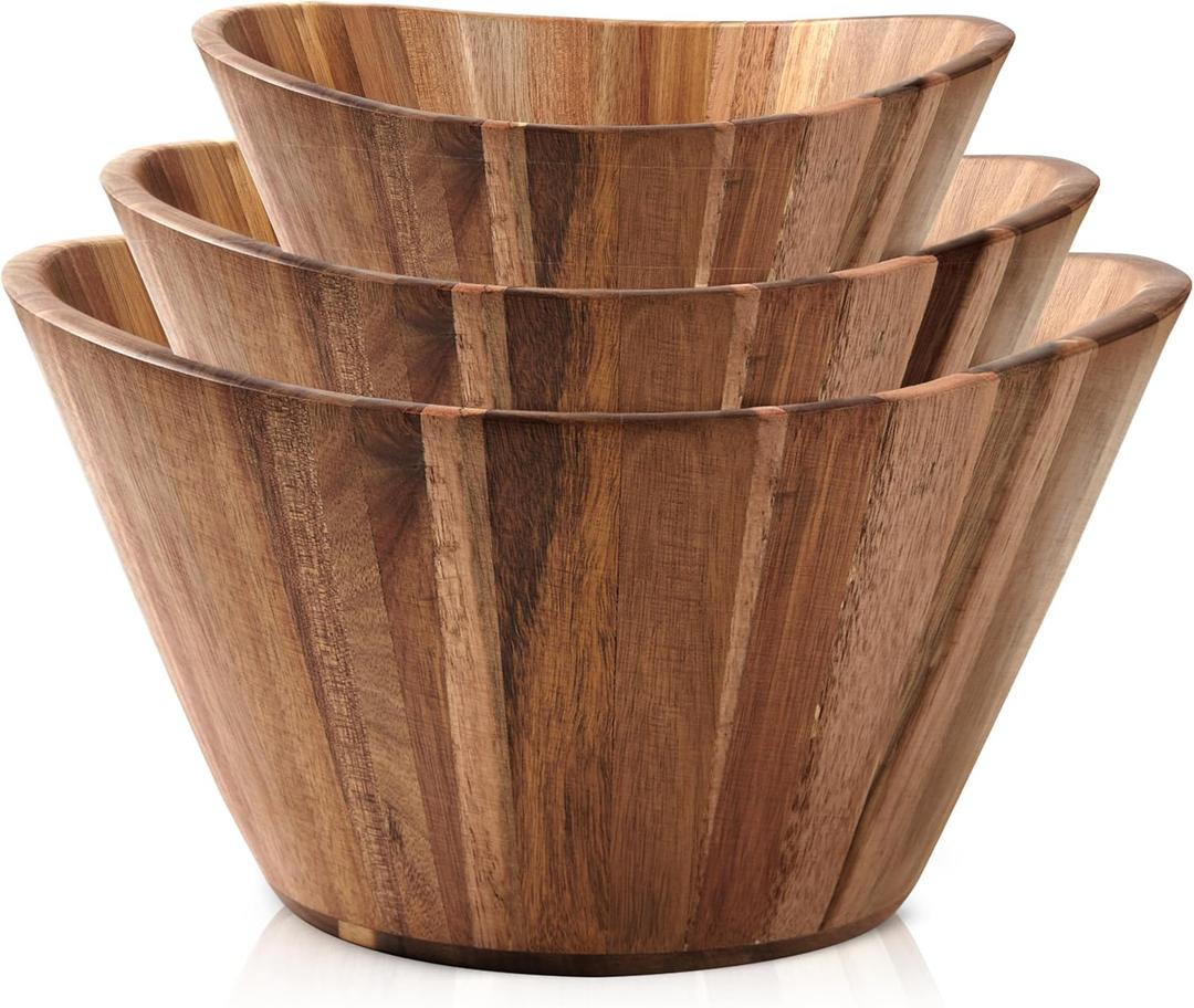 Wooden Salad Bowl Set, Salad Bowls Set of 3 - Wavy Design Salad Bowl Set for Serving, Handmade, Durable and Stylish Natural Wood Dining Accessory by Woodenhouse