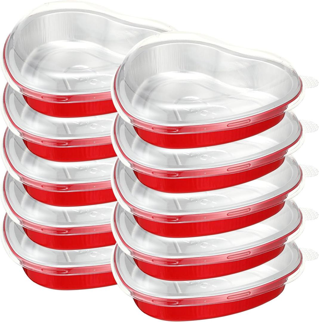 10 Pcs Valentine's Day 22.6 Oz Large Foil Heart Shaped Cake Pans Oven Safe Disposable Red Aluminum Foil Pans with Lids for Kitchen Valentine Day Birthday Wedding Party Cakes Baking Supply