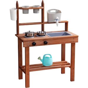 ROBOTIME Mud Kitchen for Kids Outdoor, Wooden Outdoor Play Kitchen with Sink, Faucet, Stove & Cooking Accessories, Fun Backyard Kids Kitchen Playset for Boys and Girls Age 3+