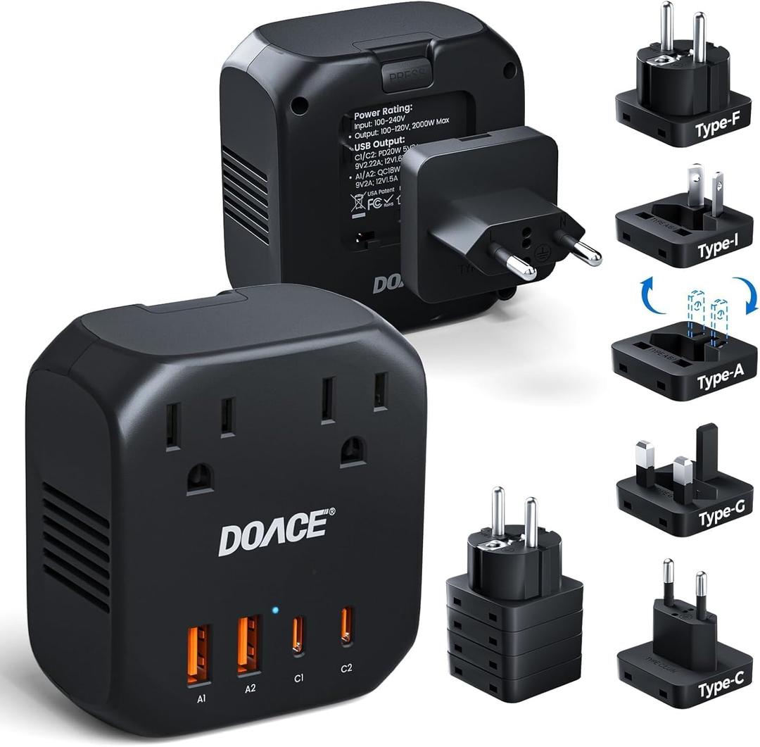 Upgraded 2000W Voltage Converter US to Europe for Hair Dryer - 220V to 110V Converter for European Travel, Power Converter Adapter Combo with 2 PD/QC & UK/AU/US/IT/European Travel Plug Adapters