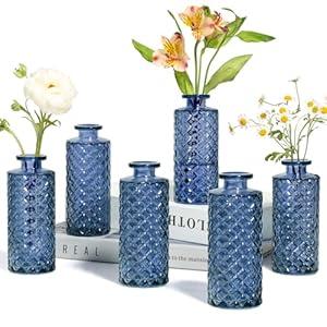 ComSaf Glass Bud Vases Set of 6, Small Diamond Bud Vases in Bulk, Mini Flowers Vases for Centerpieces, Vintage Decor Centerpiece for Table, Wedding Recepetion, Home, Housewarming Gift (Grey Blue)