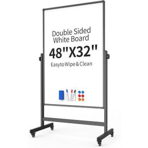 48x32inches Mobile Whiteboard - Adjustable Height, Standing Whiteboard on Wheels, Double-Sided Magnetic Dry Erase Board for Office, Home, Classroom (Black)