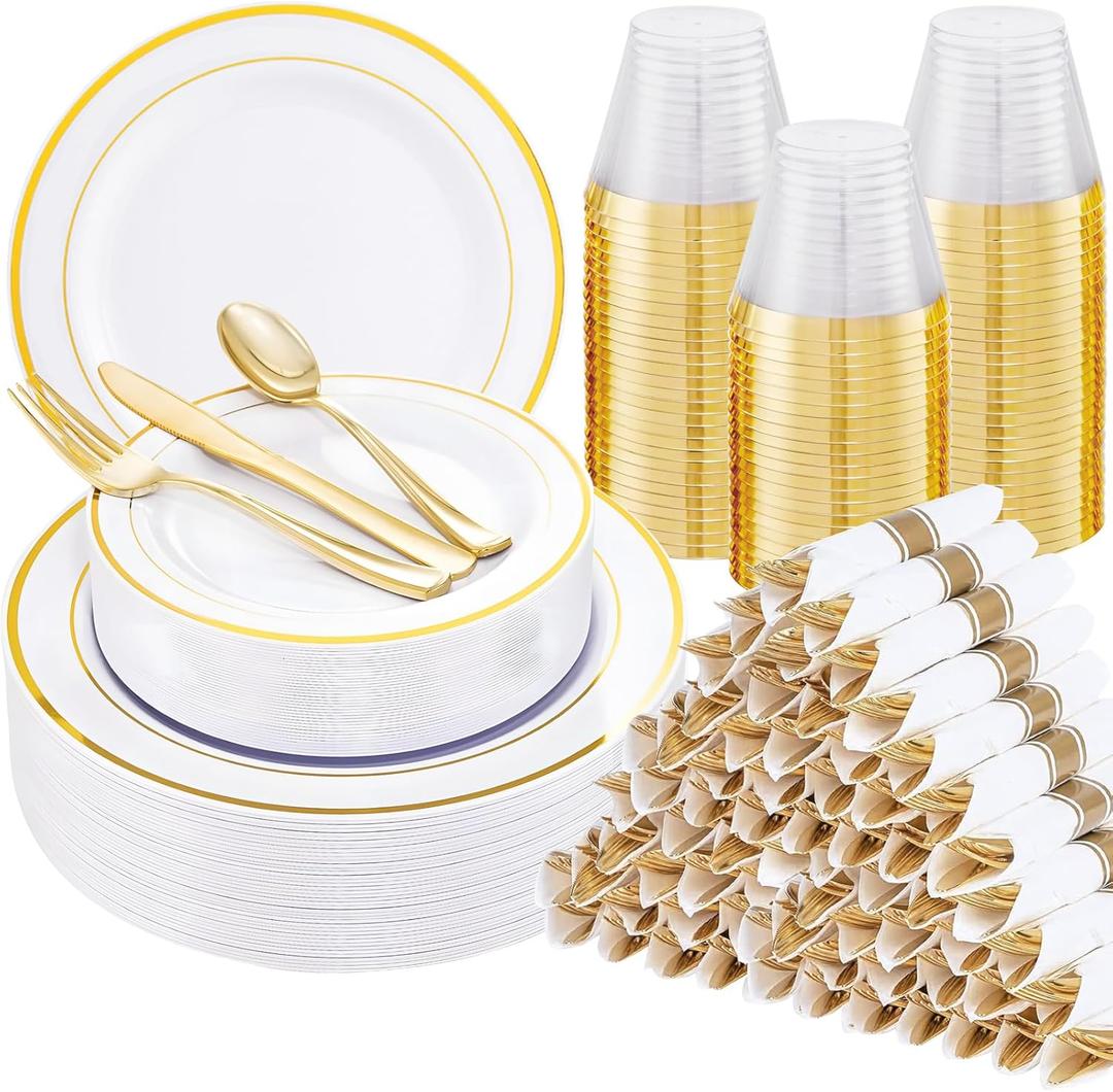 WELLIFE 700 Pcs Gold Plastic Plates for 100 Guests - Party Supplies Includes 200 Gold Plastic Plates,300 Silverware,100 Napkins,100 Cups for Party,Disposable Dinnerware Set
