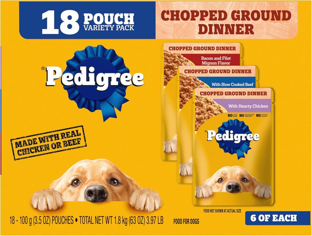 Pedigree Chopped Ground Dinner Wet Dog Food Pouches Variety Pack, 3.5 oz Pouches, 30 Count (18 Count (Pack of 1))