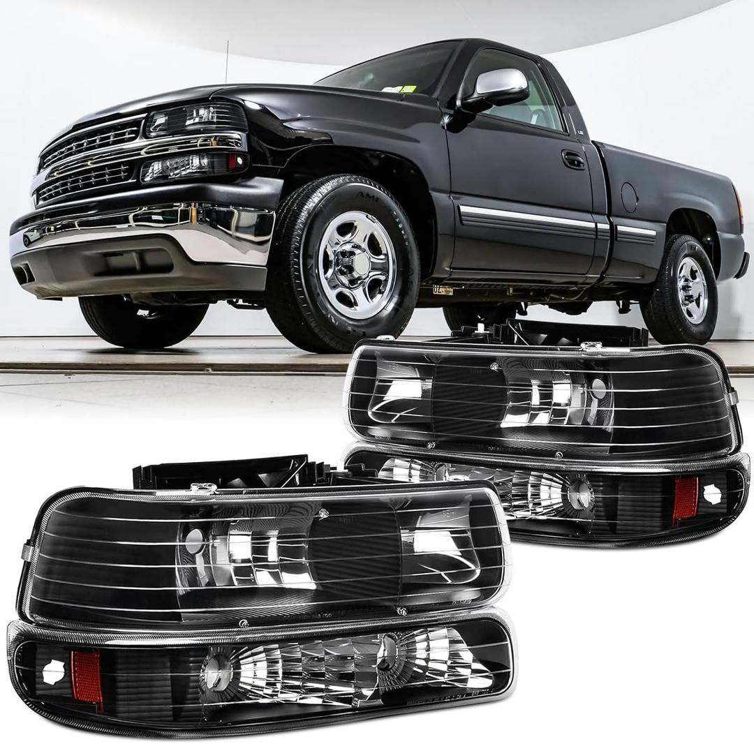 4PCS Headlights Assembly DOT Approved For 1999-2002 Chevy Silverado 1500 2500 3500 For 2000-2006 Suburban For 2001-2006 Chevy Tahoe Replacement Headlamp Black Housing Clear Amber Reflector