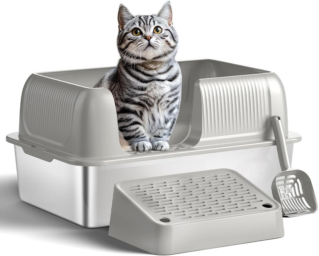 Stainless Steel Litter Box,Extra Large Litter Box with Lid for Big Cats, Metal Litter Box High Sided, Kitty Litter Box with Scoop, No Odor, Non-Sticky, Anti-Leakage, Easy Cleaning Gray