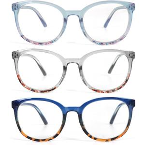 KoKoBin 3 Pack Reading Glasses for Women Cute Round +1.50 Blue Light Blocking with Spring Hinge (Mix Color)