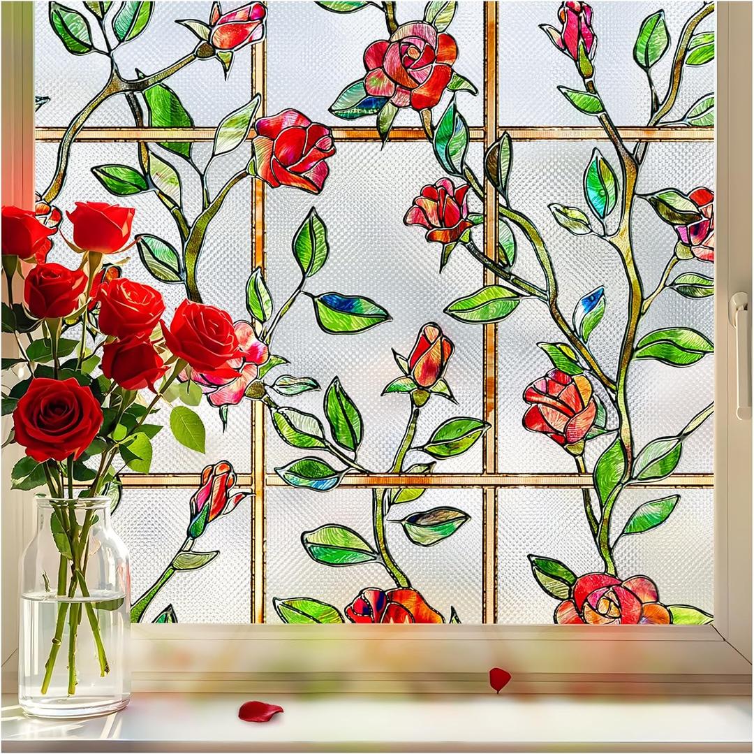 Stained Glass Window Privacy Film, 23.6" x 78.7", Red | 3D Unique Decorative, UV Heat Blocking Static Cling, Non Adhesive Removable Coverings for Home, Door & Bathroom