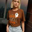 Halloween Shirts Women Boo Leopard Ghost T-Shirt Halloween Spooky Season Tee Tops (Large, Brown)